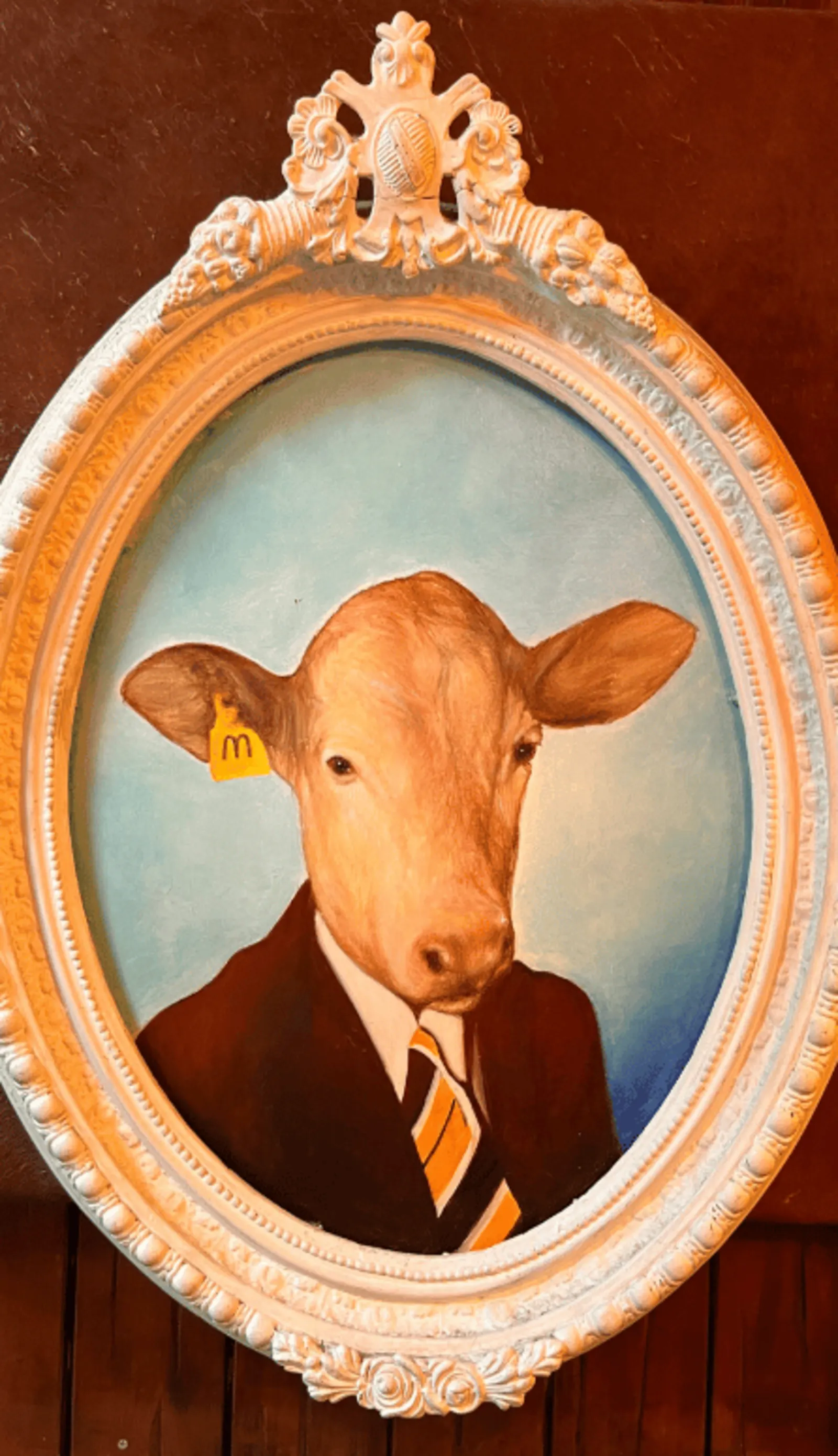The bull portrait in the dining room at La Colina